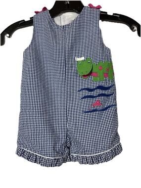 Blue and White Gingham Romper Alligator Crocodile Open Mouth Girls 6 Month Bows